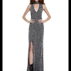 Alice and Olivia Silver Sequin Gown 0